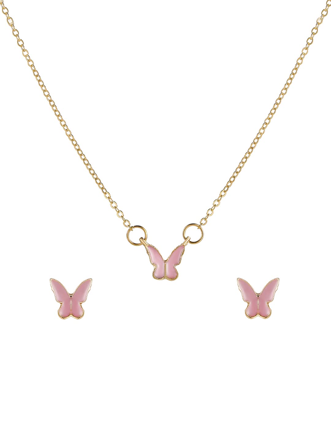 Pink Butterfly Charm Gold Necklace