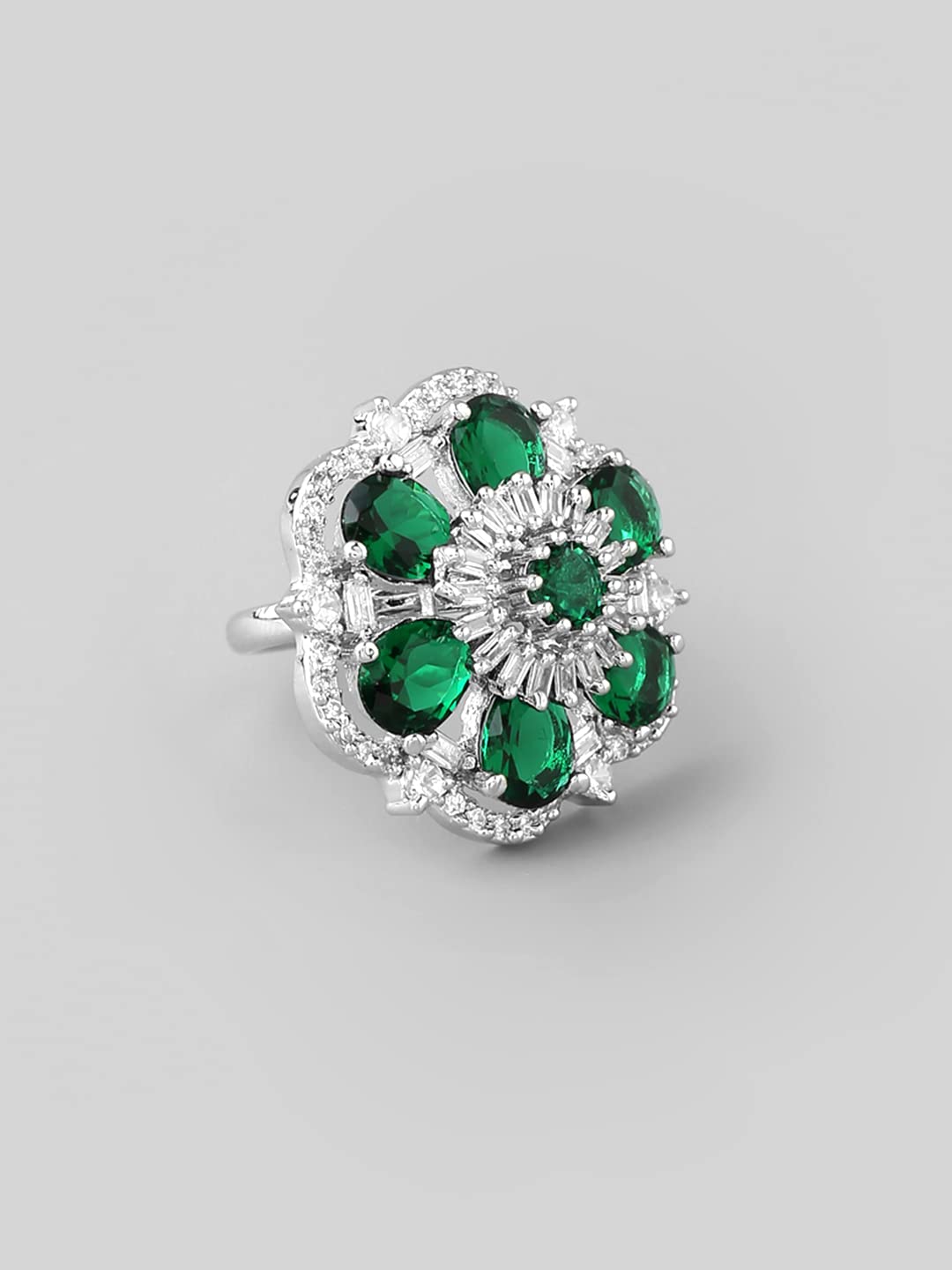 Rhodium AD Studded Floral Adjustable Ring
