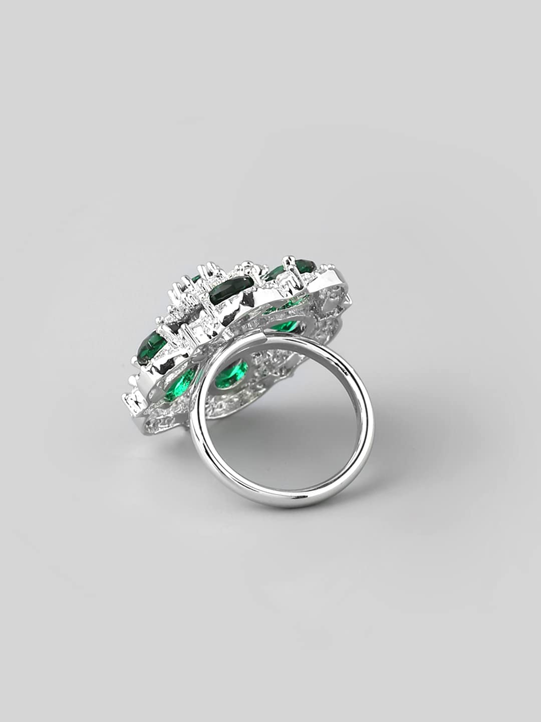 Rhodium AD Studded Floral Adjustable Ring