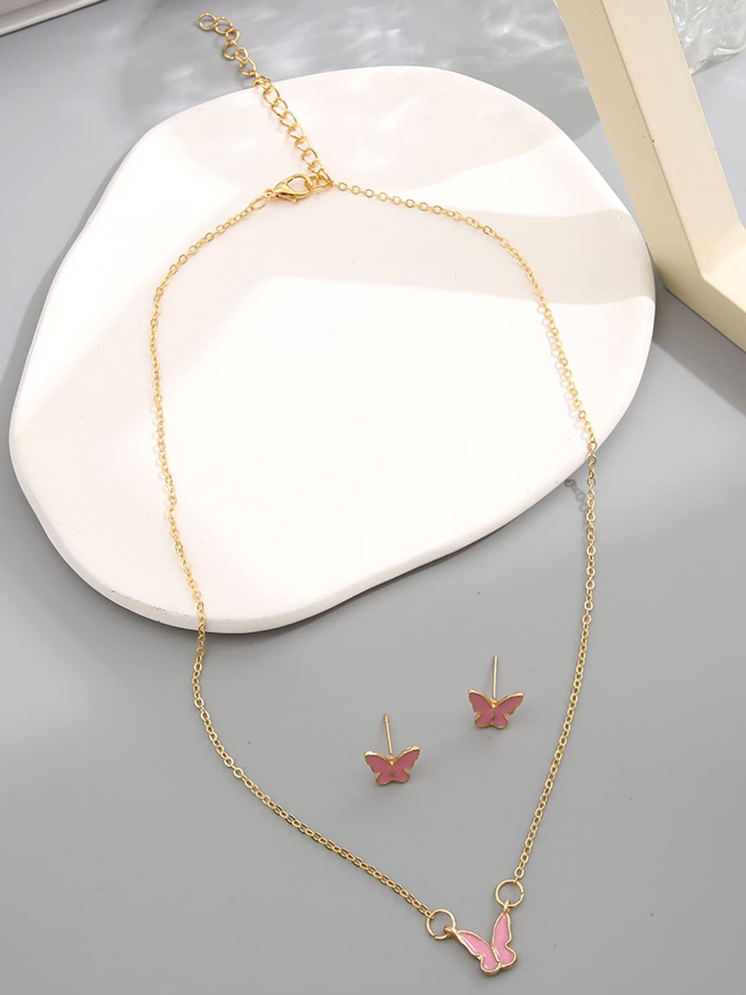 Pink Butterfly Charm Gold Necklace