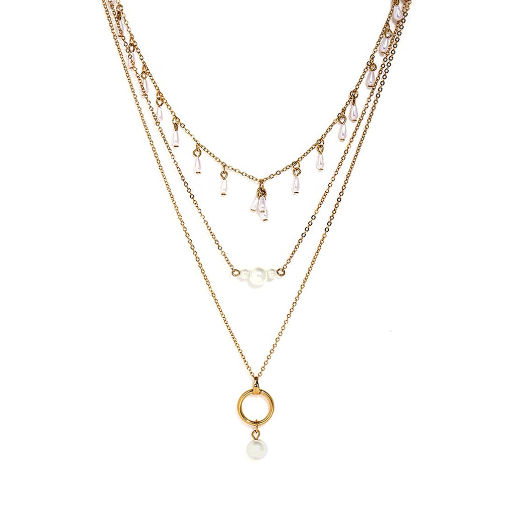 Gold Pearl Drop Layered Necklace
