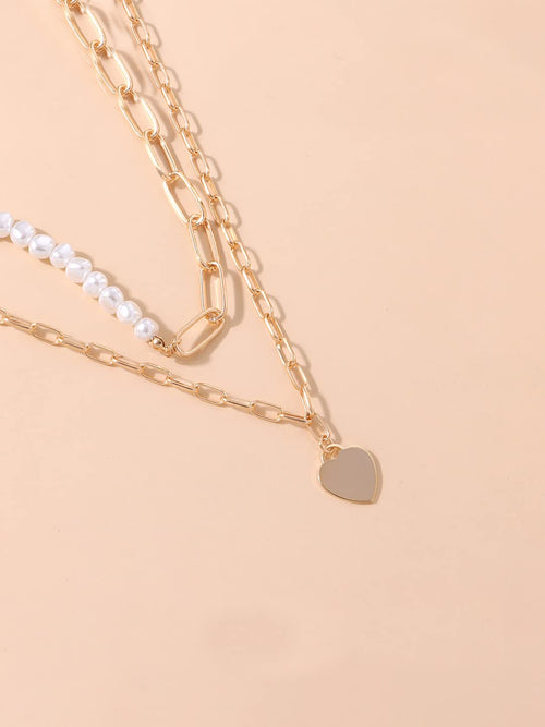 Pearl Heart Gold Layered Necklace