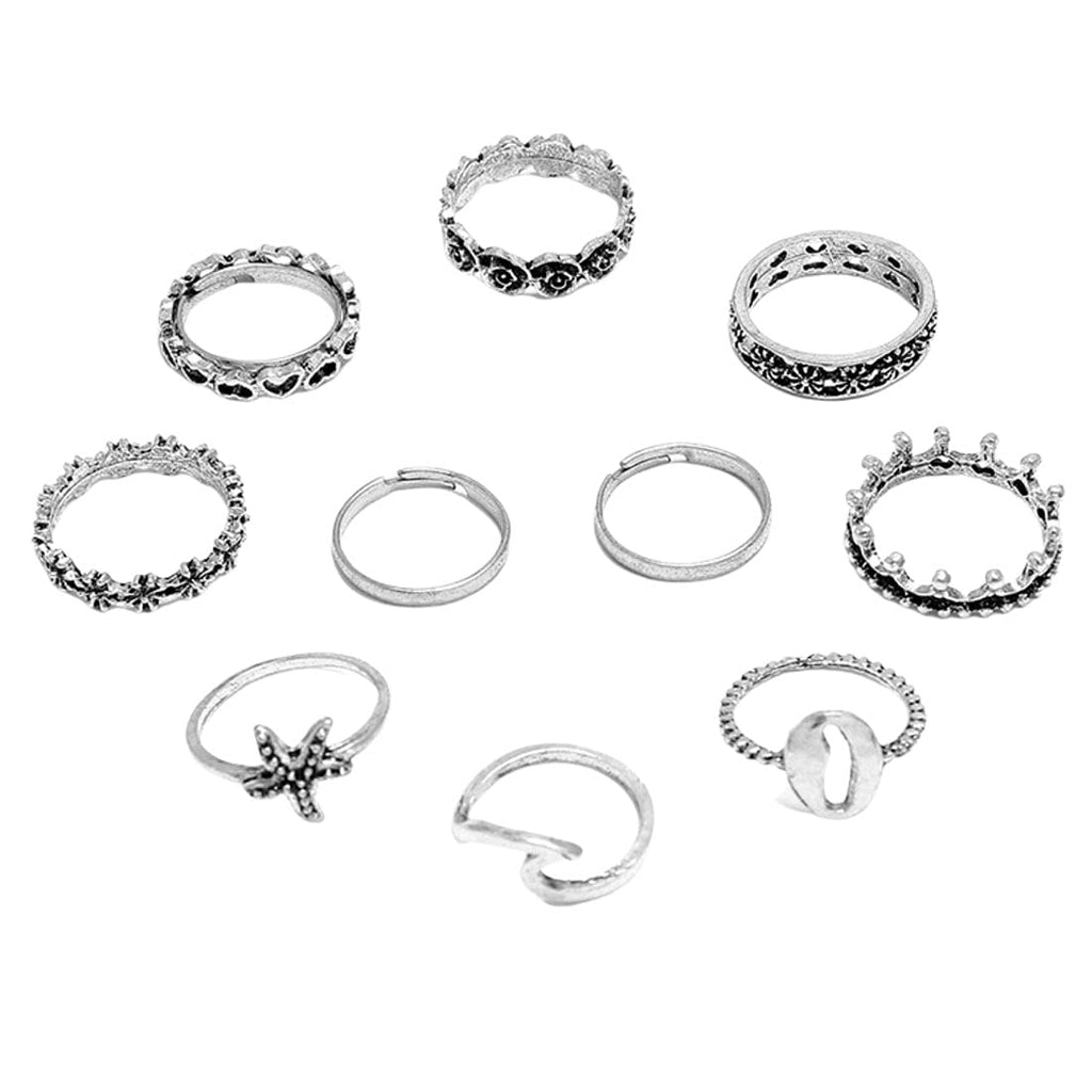 Silver Oxidised Ten Piece Boho Midi Finger Ring