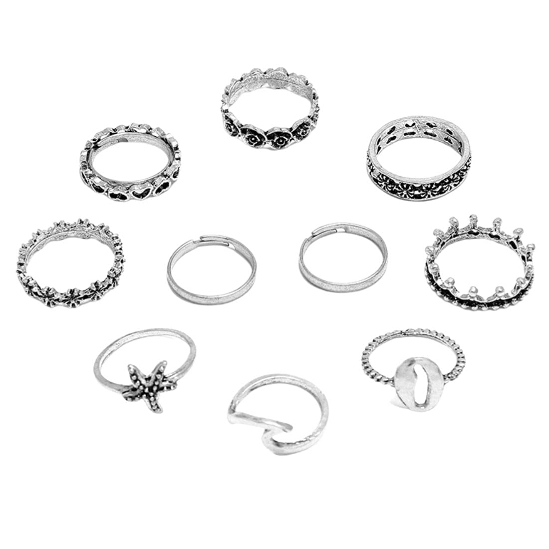 Silver Oxidised Ten Piece Boho Midi Finger Ring