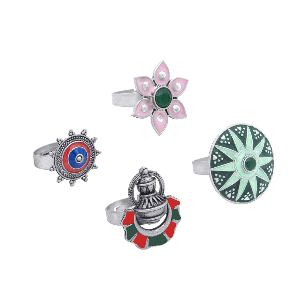 Silver Adjustable Four Piece Oxidised Ring