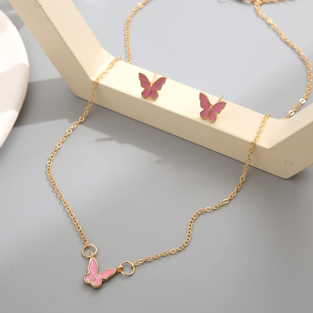 Pink Butterfly Charm Gold Necklace