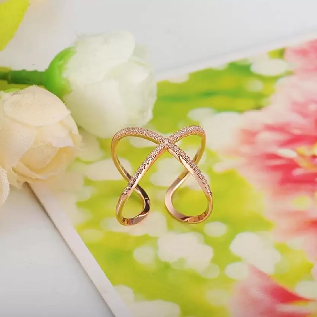 Rose Gold Adjustable Three Piece Crystal Ring