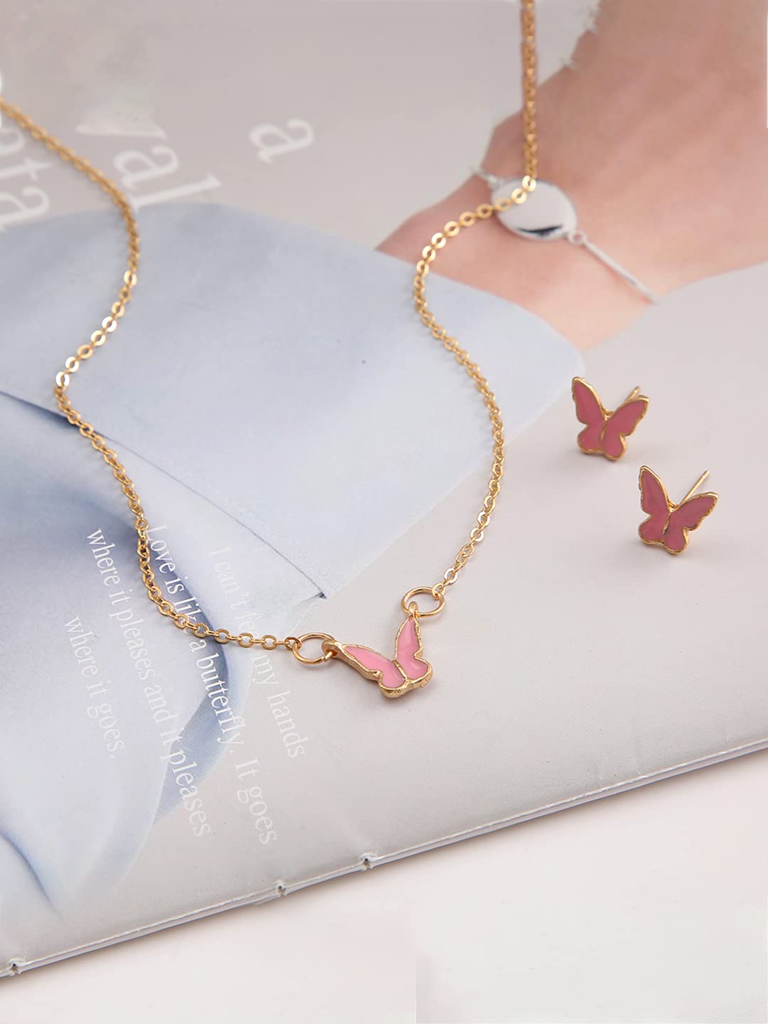 Pink Butterfly Charm Gold Necklace