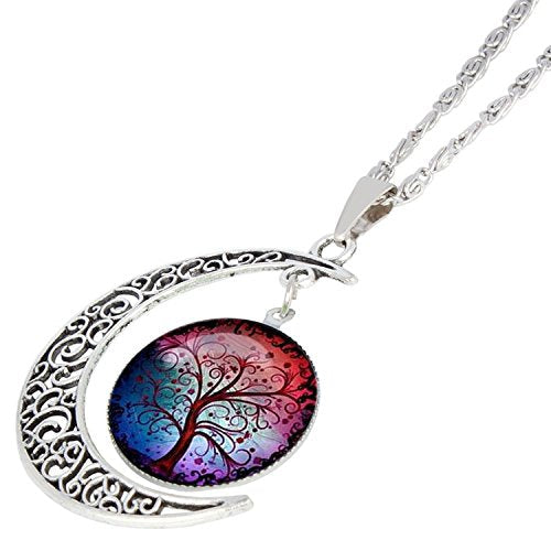Crescent Moon Life Tree Glass Necklace