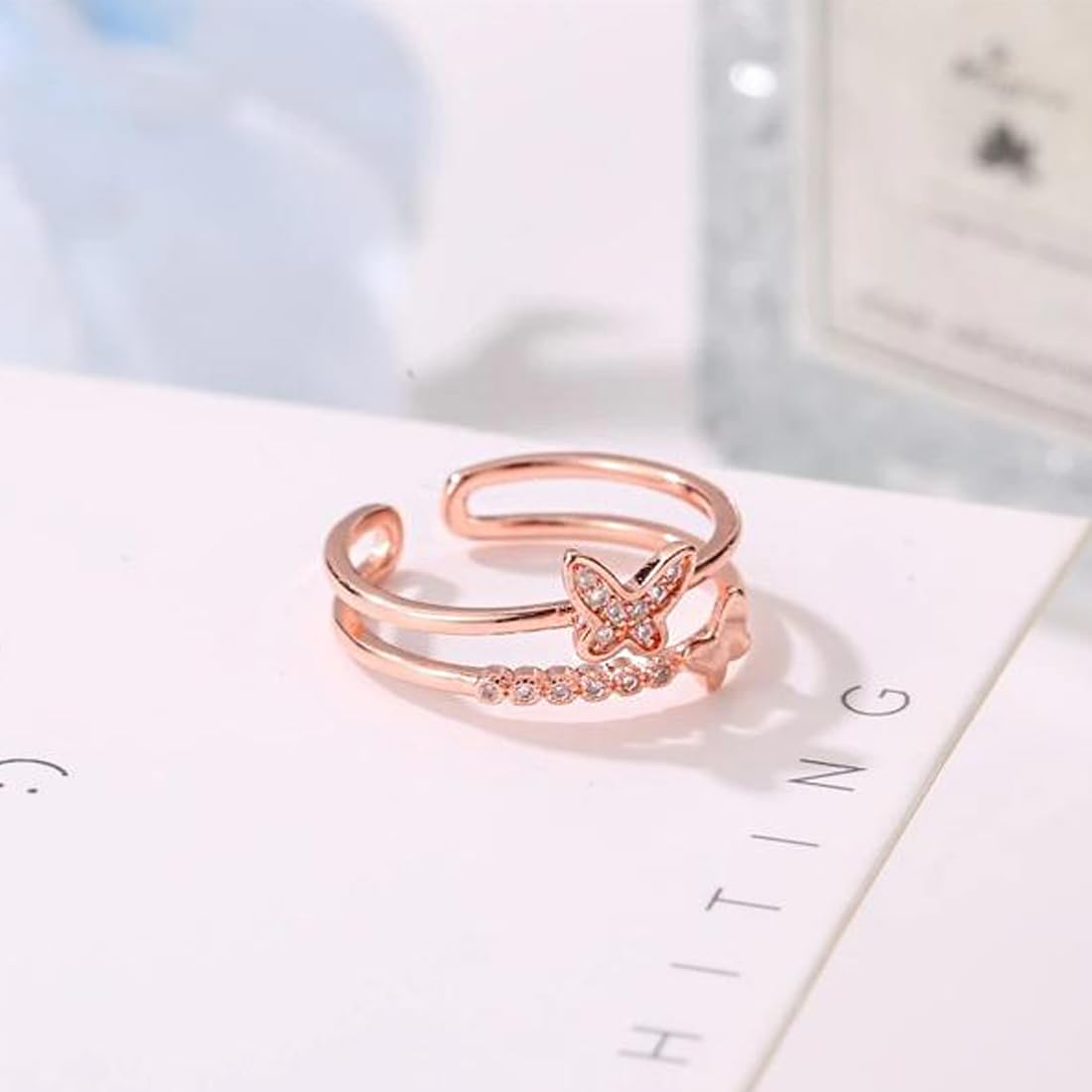 Rose Gold Three Piece Adjustable Crystal Ring