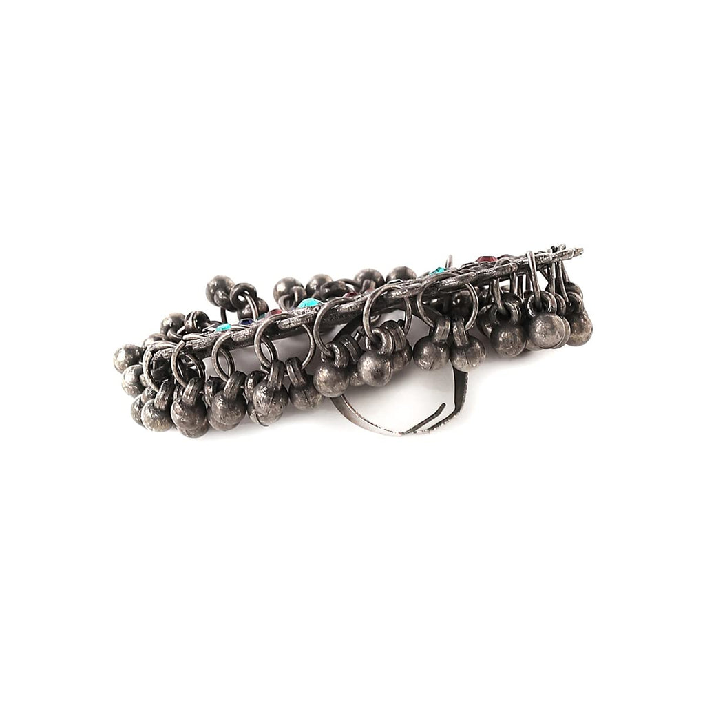 Oxidised Silver Multicolor Stone Ghungroo Ring