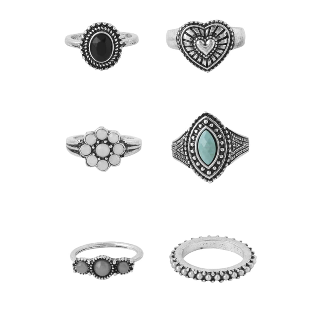 Oxidised Silver Vintage Six Piece Midi Ring
