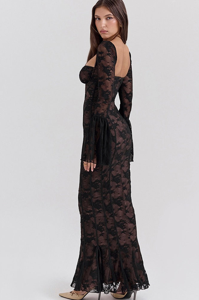 Lace Bodycon Flare Sleeve Maxi Dress