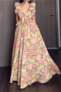 Ruffled V Neck Sleeveless Slim Floral Dress