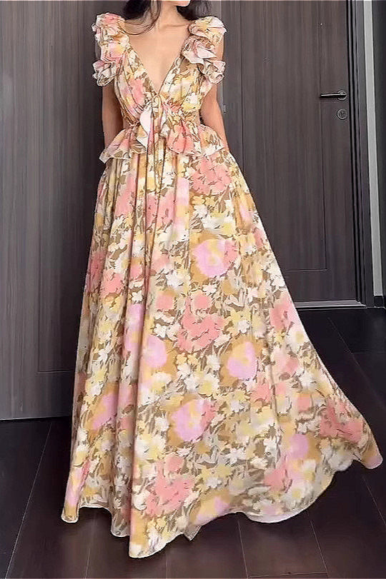 Ruffled V Neck Sleeveless Slim Floral Dress