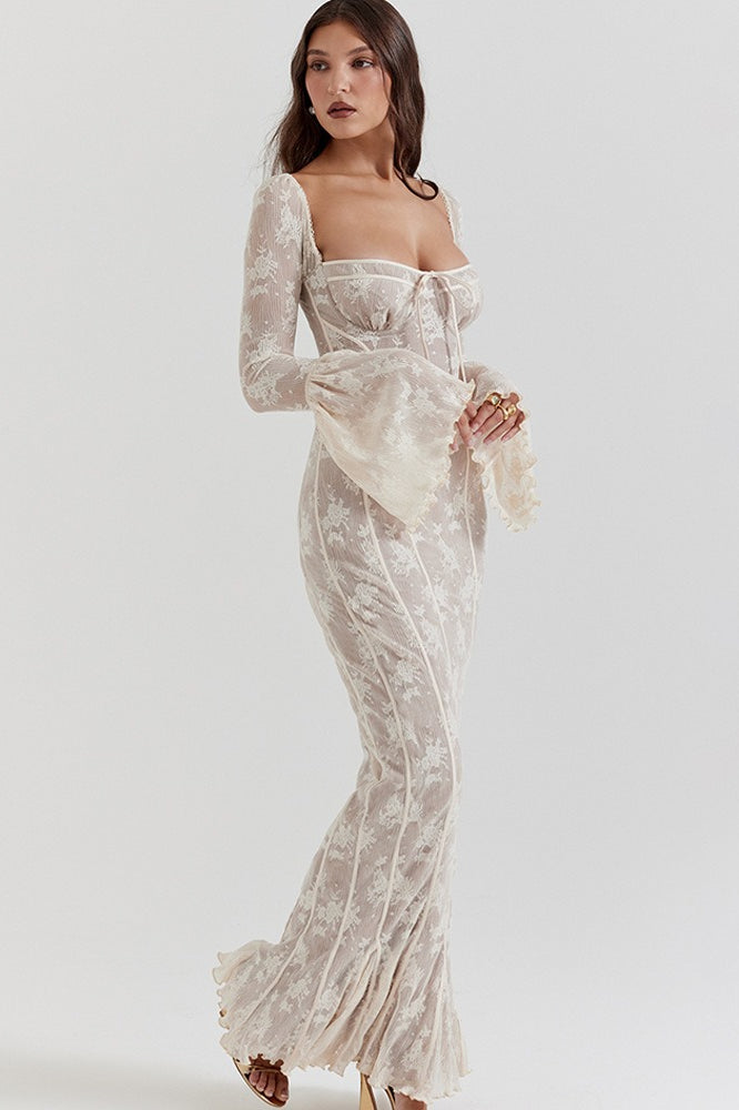 Lace Bodycon Flare Sleeve Maxi Dress
