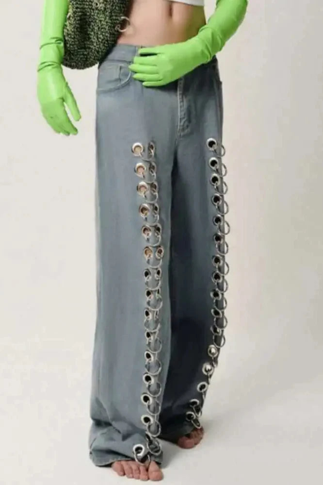 Metal Hole Hollow Out Straight Jean