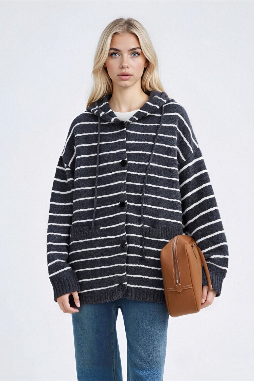 Striped Hooded Retro Drawstring Pocket Cardigan