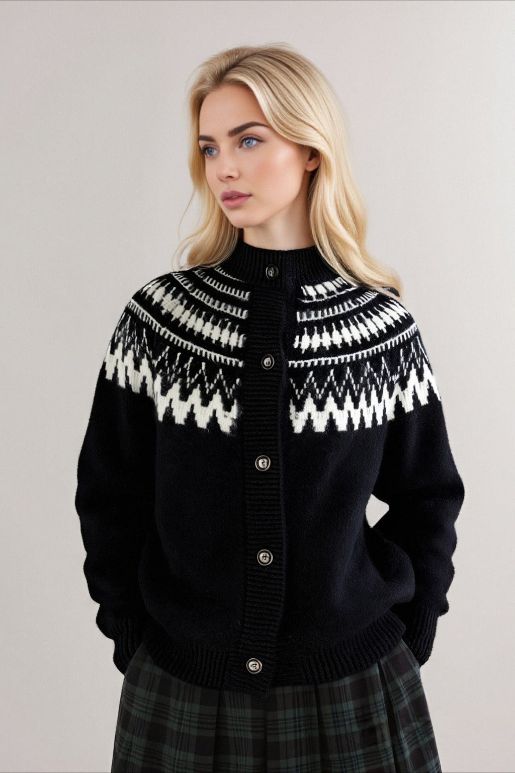 Fair Isle Geometric Colorblock Knit Cardigan