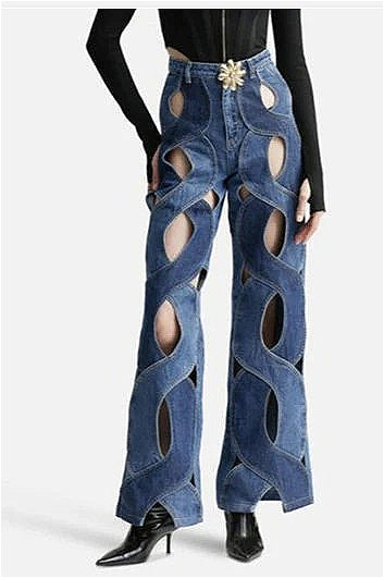 Hollow Button Patchwork Wide Leg Jean