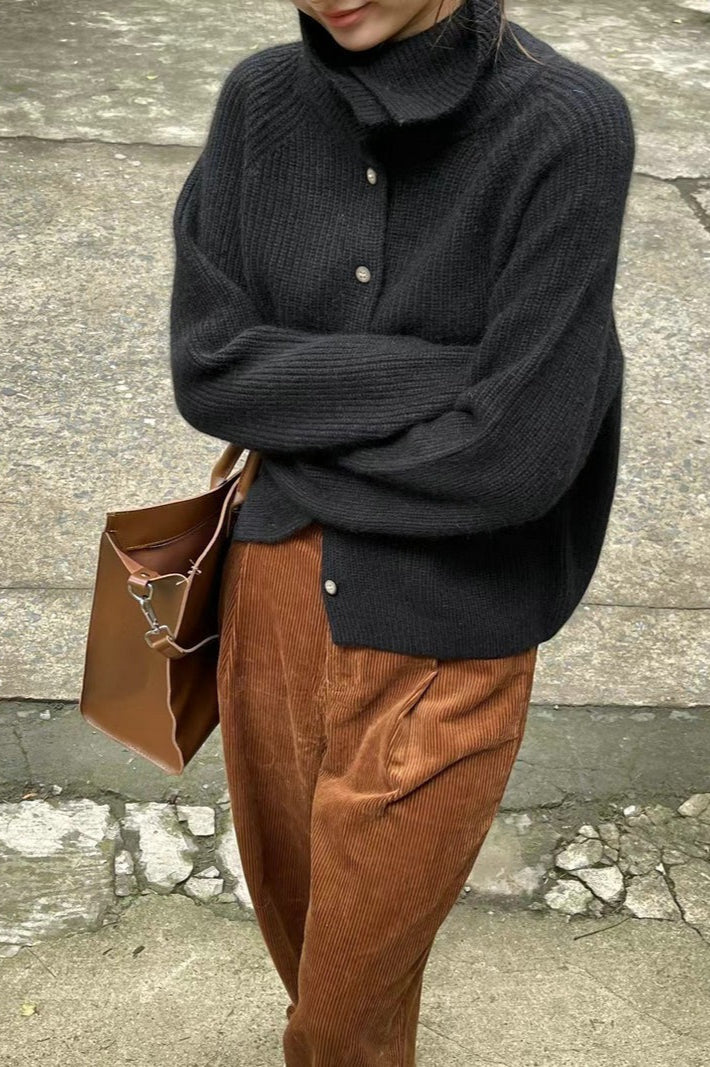 Retro Textured Slim Button Solid Cardigan