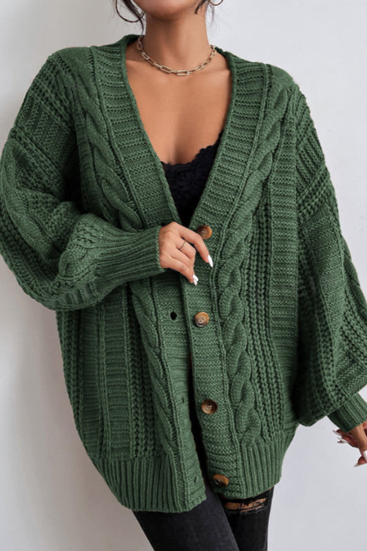 V-Neck Retro Cable Knit Puff Sleeve Cardigan
