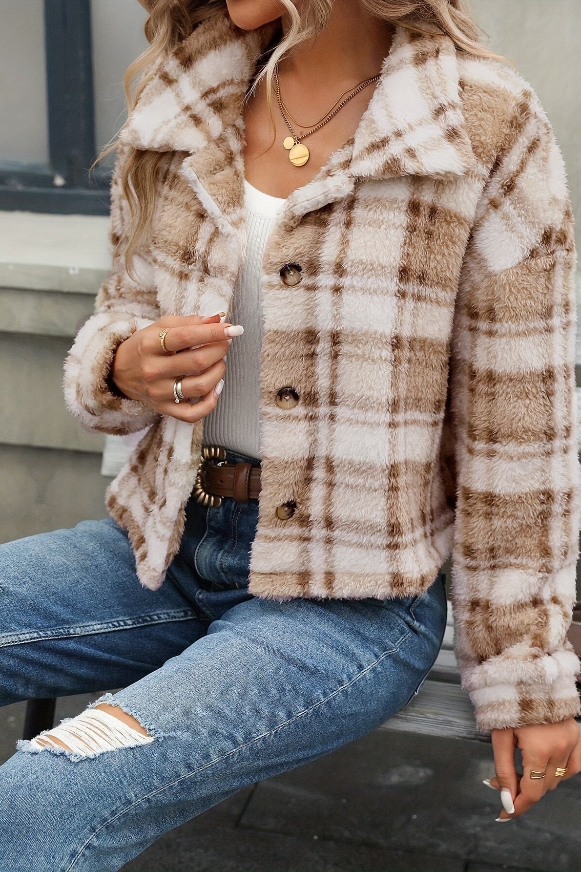Plush Double-Sided Checked Button Cardigan Coat