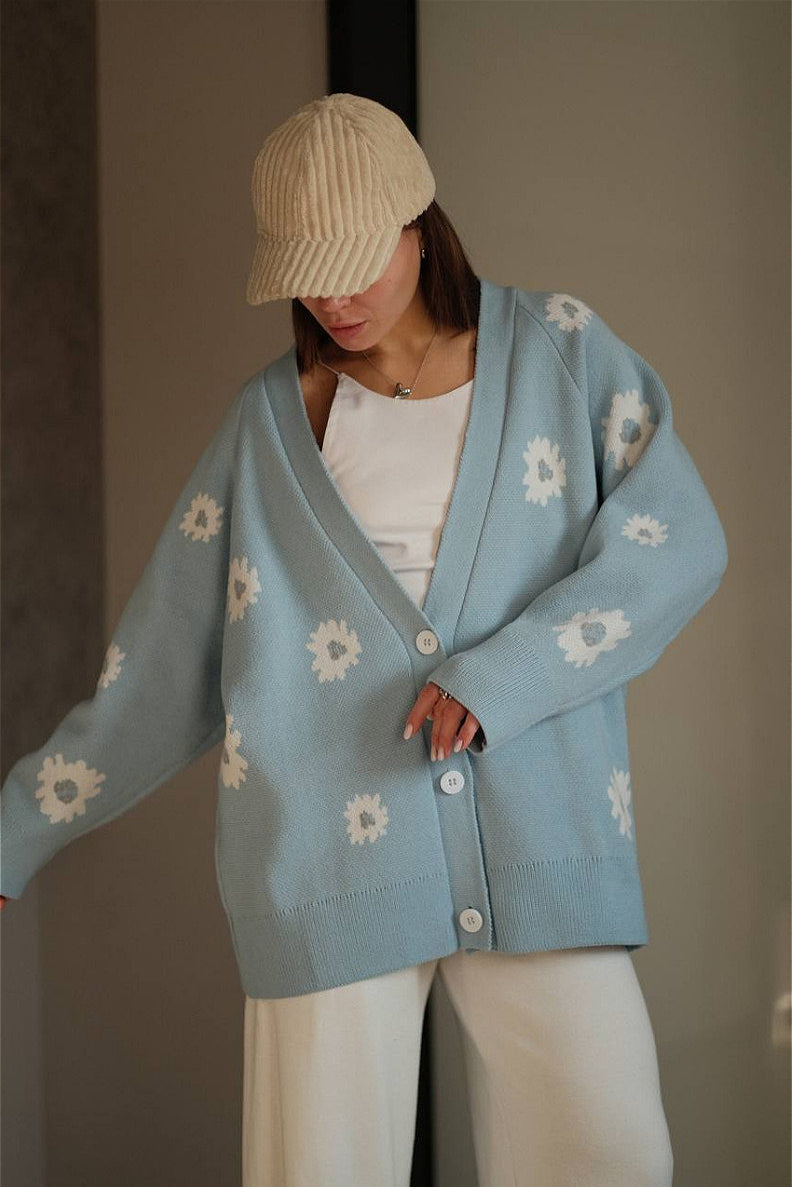 Fluffy Daisy Jacquard V-Neck Cardigan