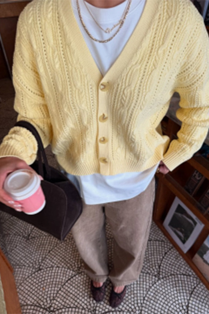 V-Neck Solid Button Long-Sleeve Cardigan