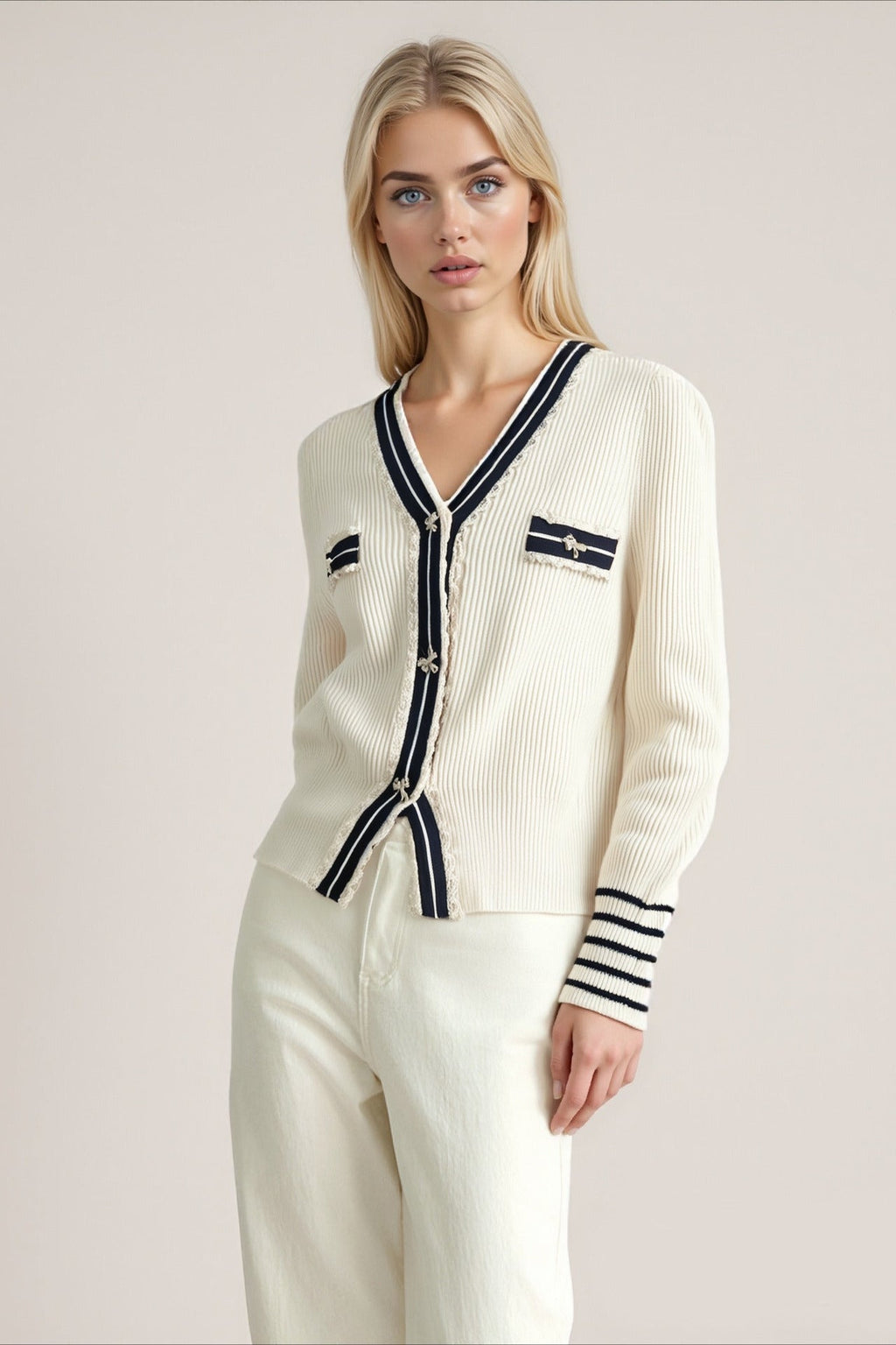 Colorblock Lace V-Neck Knit Cardigan