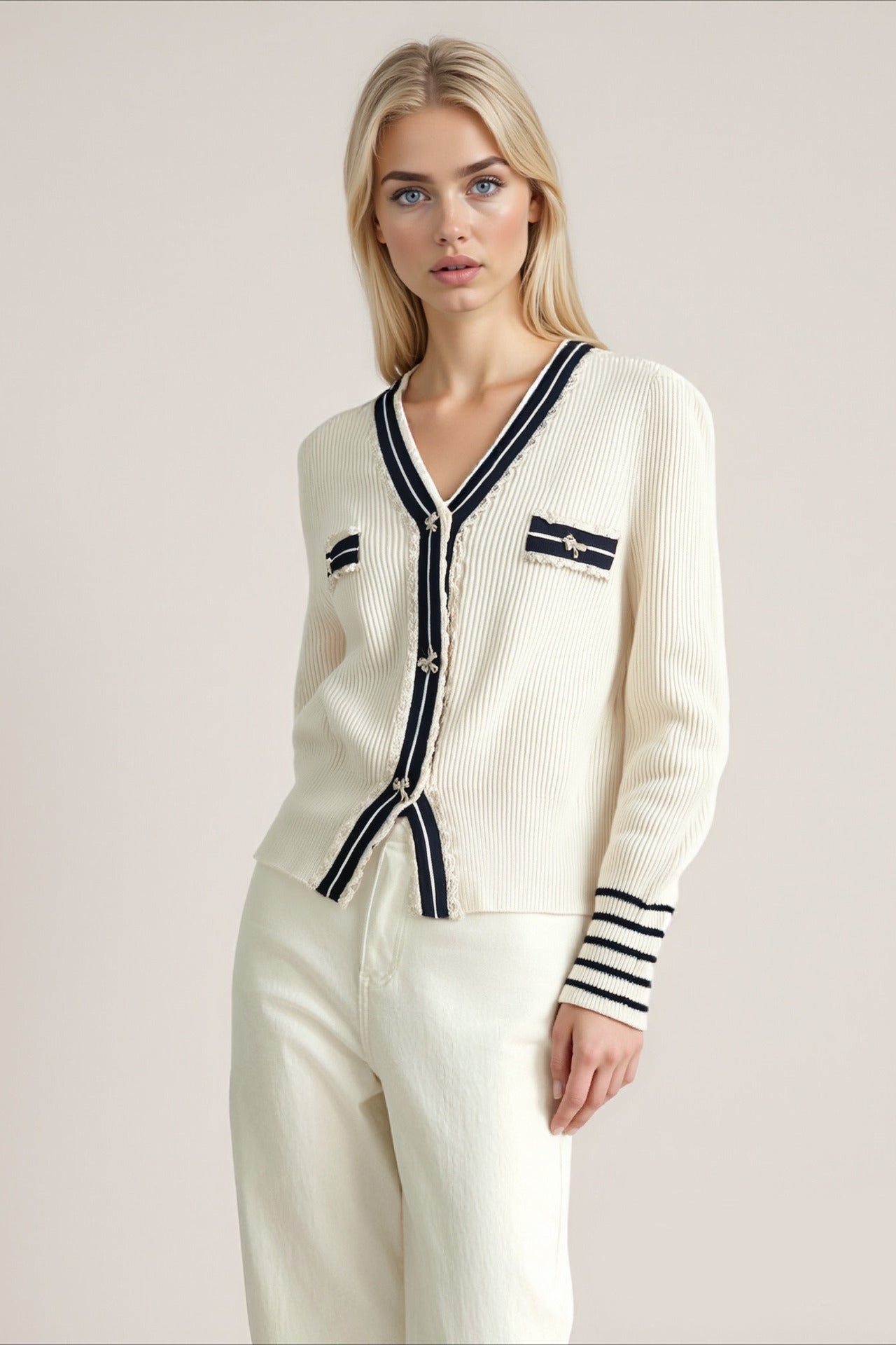 Colorblock Lace V-Neck Knit Cardigan