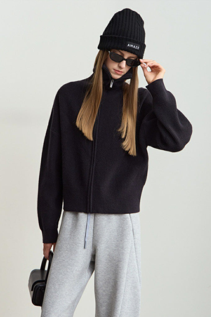 Sailor-Collar Zip Cozy Knit Cardigan