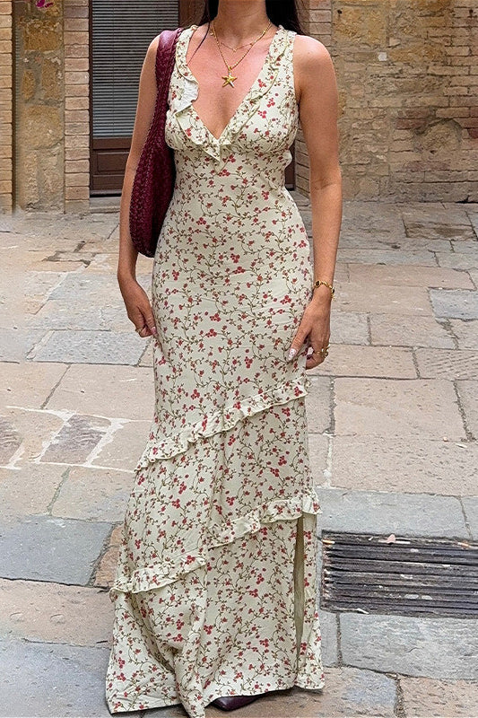 V Neck Halter Ruffled Slim Floral Dress