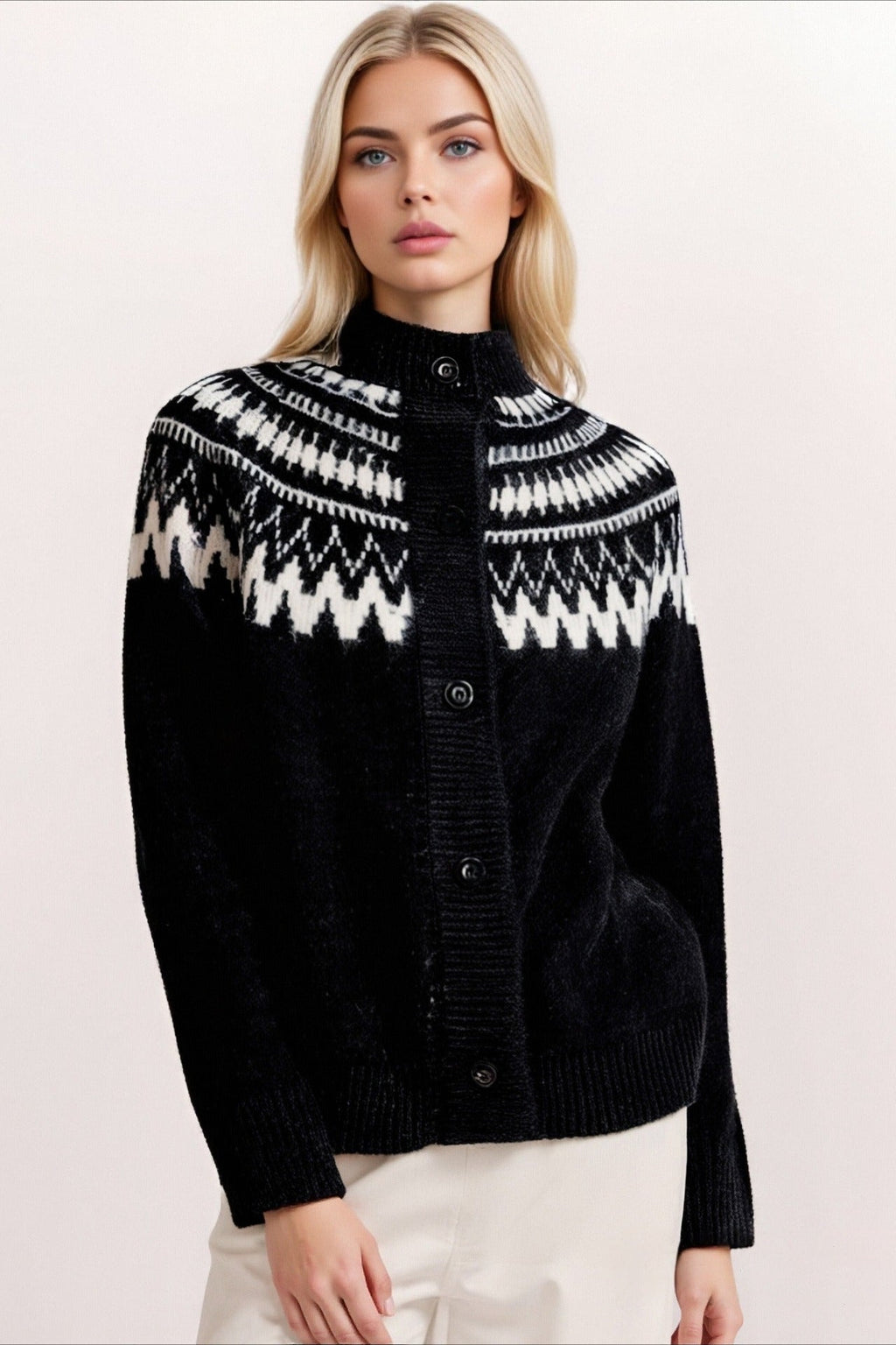 Fair Isle Geometric Colorblock Knit Cardigan