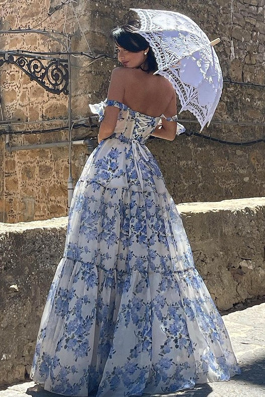 Printed Sleeveless Backless Lace-Up Floral Dress