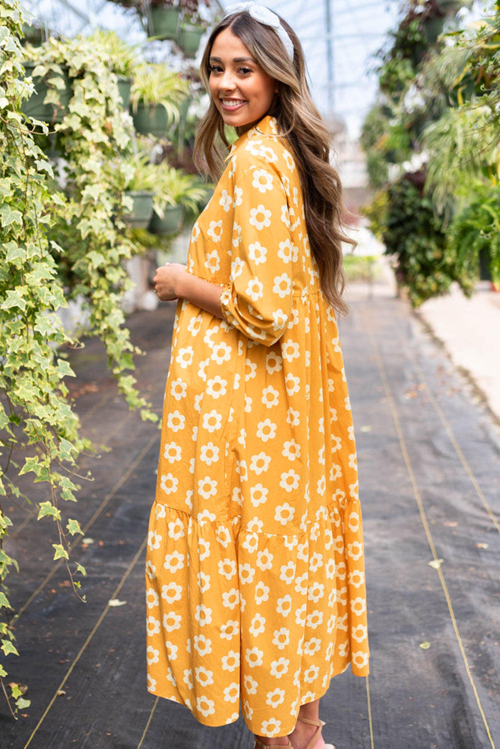Yellow Flower Print Bracelet Sleeve Collared Maxi Dress