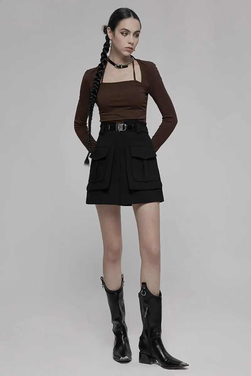 Black A Line Buckle Detail Functional Mini Dress
