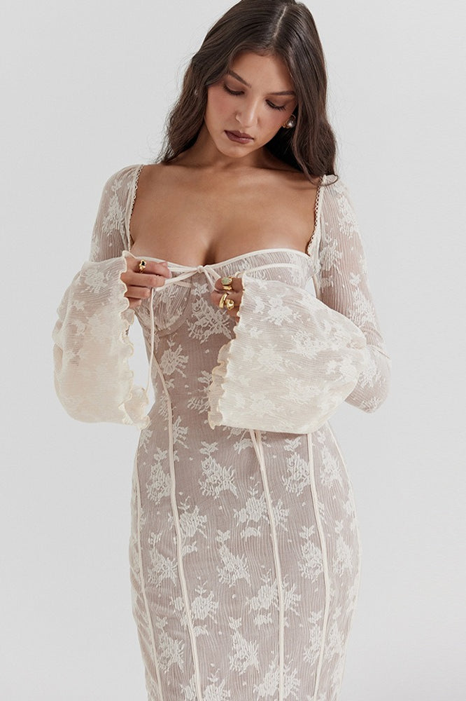 Lace Bodycon Flare Sleeve Maxi Dress