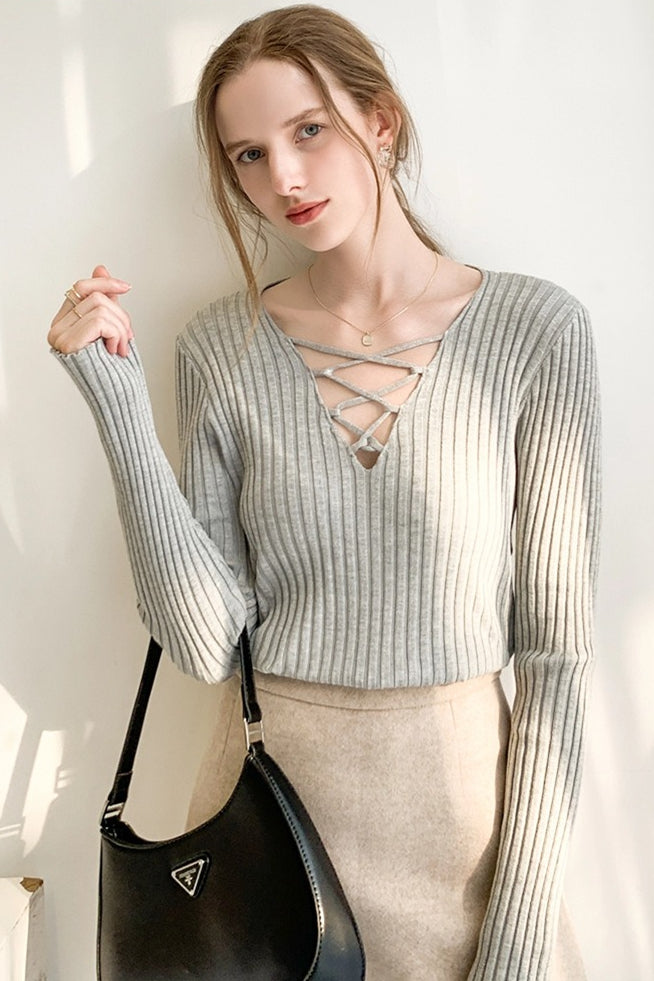 Slim Lace Up V Neck Sweater