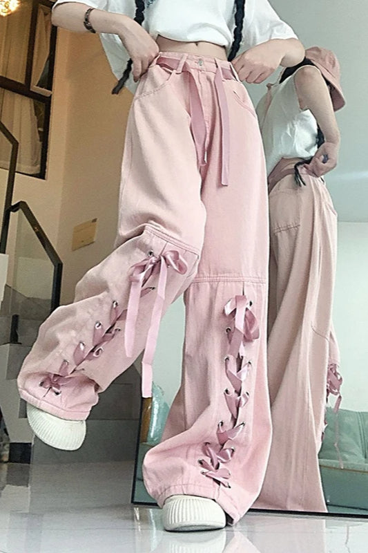 Pink Bow Tie Wide Leg Cargo Jean
