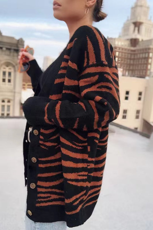 Casual Button Zebra Knit Cardigan