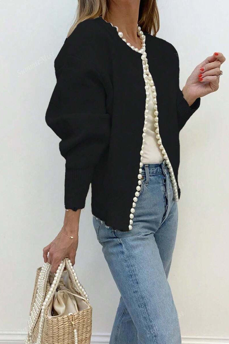 Pearl Crew-Neck Detailed Knit Cardigan
