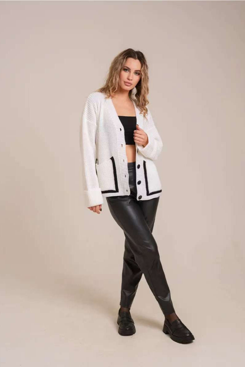 Contrast Pocket V-Neck Knit Cardigan