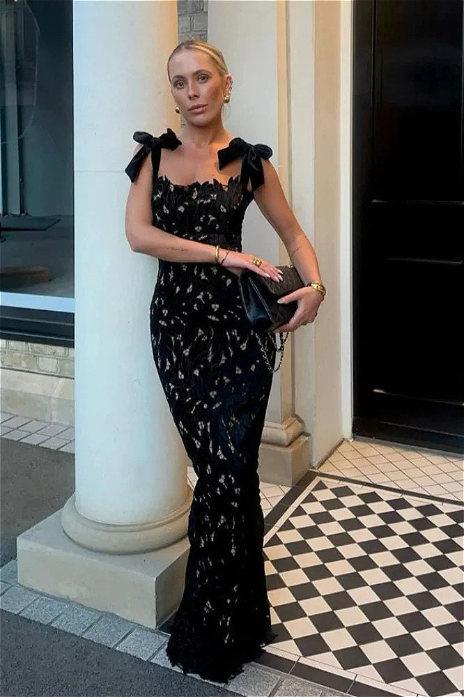 Alluring Hollow Slim Bow Lace Floral Dress
