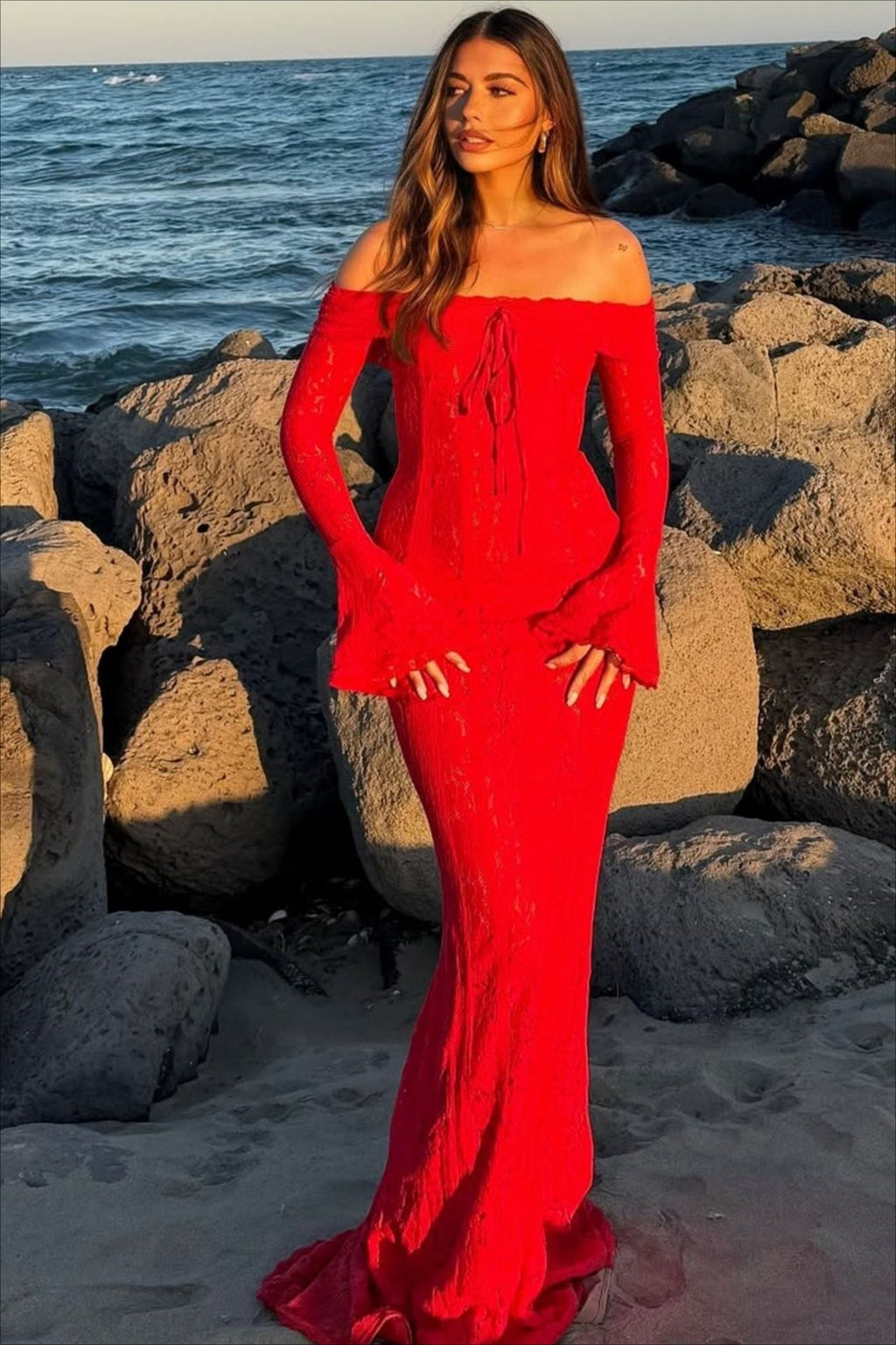 Bustier Lace Flared Sleeve Maxi Dress