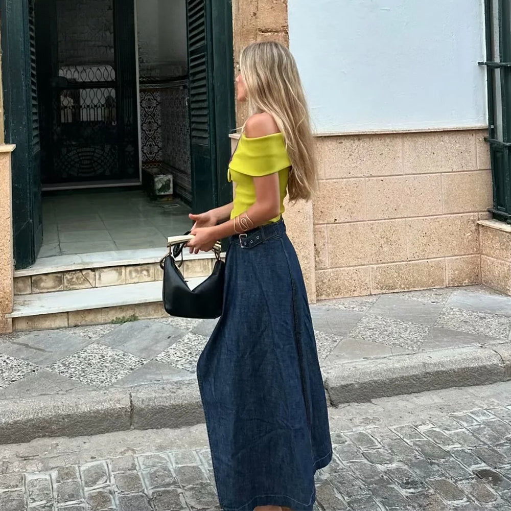 Vintage Loose Denim Long Skirt with Sashes