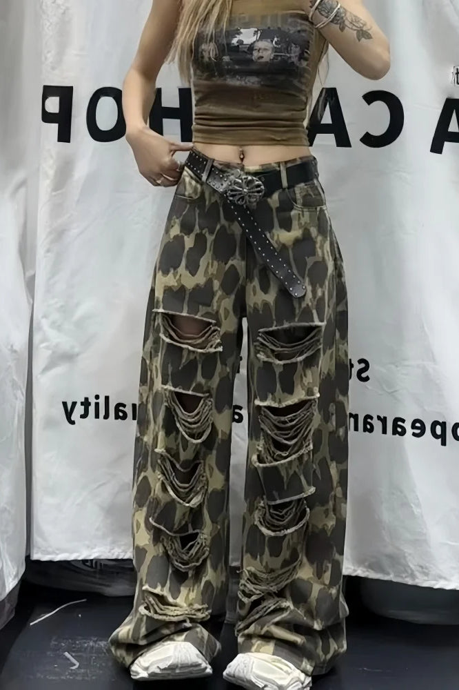 Leopard Ripped Wide Leg Jean