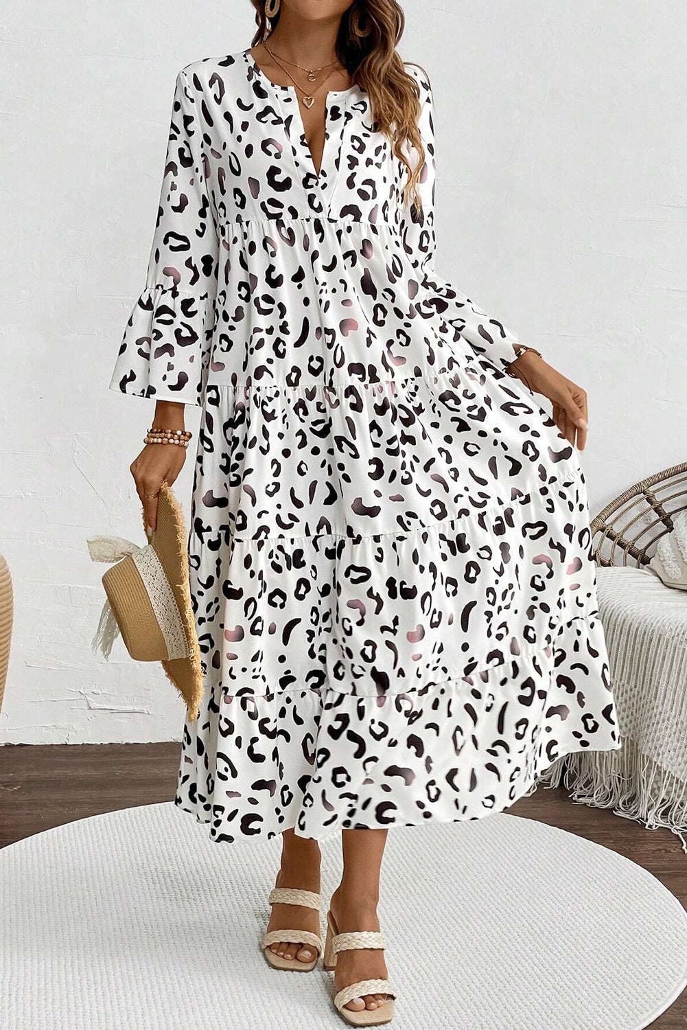 White Leopard Notch V Neck Loose Maxi Dress