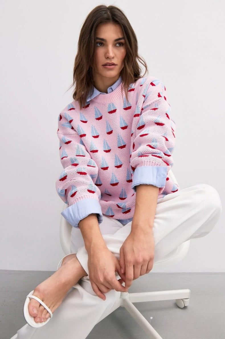 Relaxed Sailboat Pattern Pullover Sweater