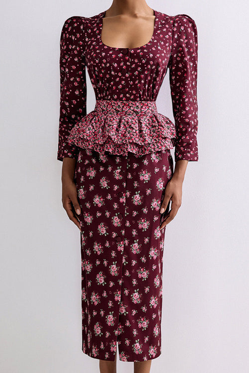Square Neck Printed Ruffled Belt Floral Dress